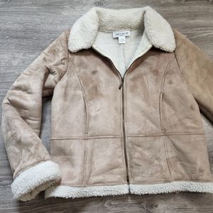 JONES WEAR Natural Tan Faux Suede Shearling Sherpa Lined Zip Up Coat Jacket